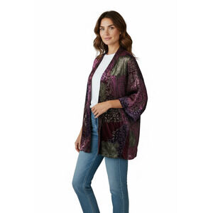 Velvet Burnout Kimono Jacket Size Medium Open Front Green Purple Boho Artsy